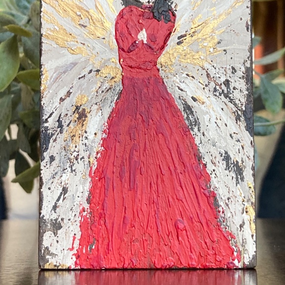 Red Angel Painting on Wood Block. Hand painted. Textured Acrylic Painting - Picture 6 of 8